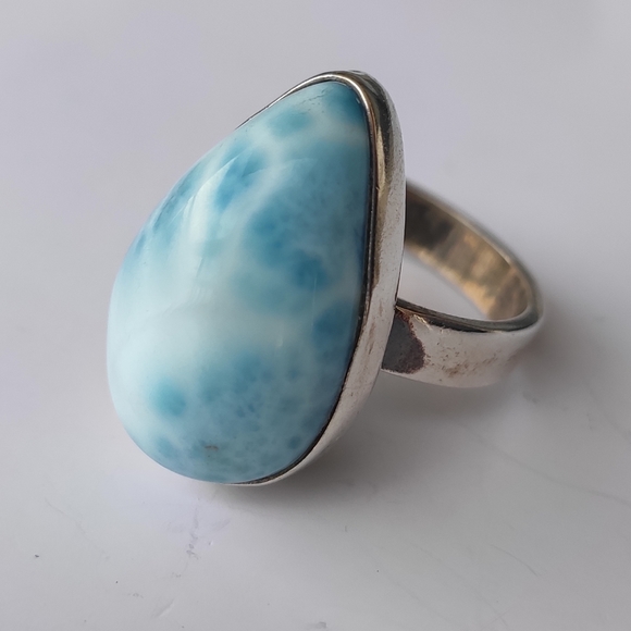Solid Sterling Silver Pear Larimar Ring Sz 7.75 - Picture 4 of 14